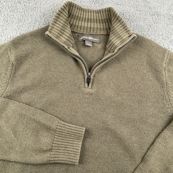 Eddie Bauer Sweater Mens Medium Green 1/4 Zip Cotton Chunky Knit Fisherman - Picture 1 of 9